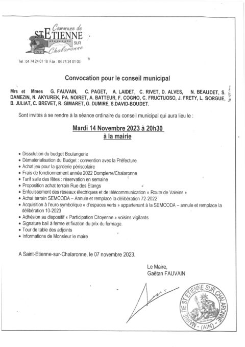 Conseil Municipal mardi 14 novembre Commune de Saint Étienne sur