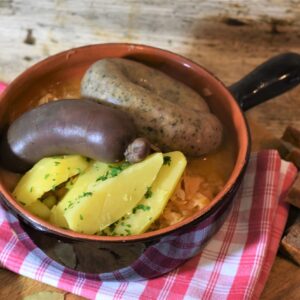 liver sausage, blood sausage, sauerkraut