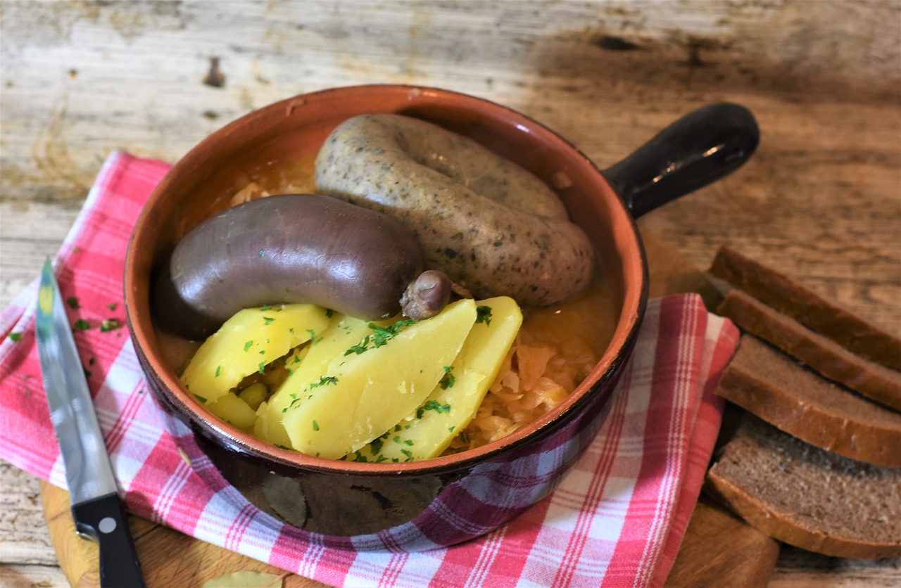 liver sausage, blood sausage, sauerkraut